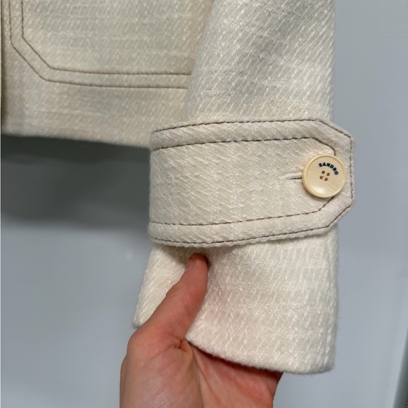 Sandro Paris Cropped Jacket Cream Textured Wool Blend Button Front Size 34 XS - Picture 7 of 10
